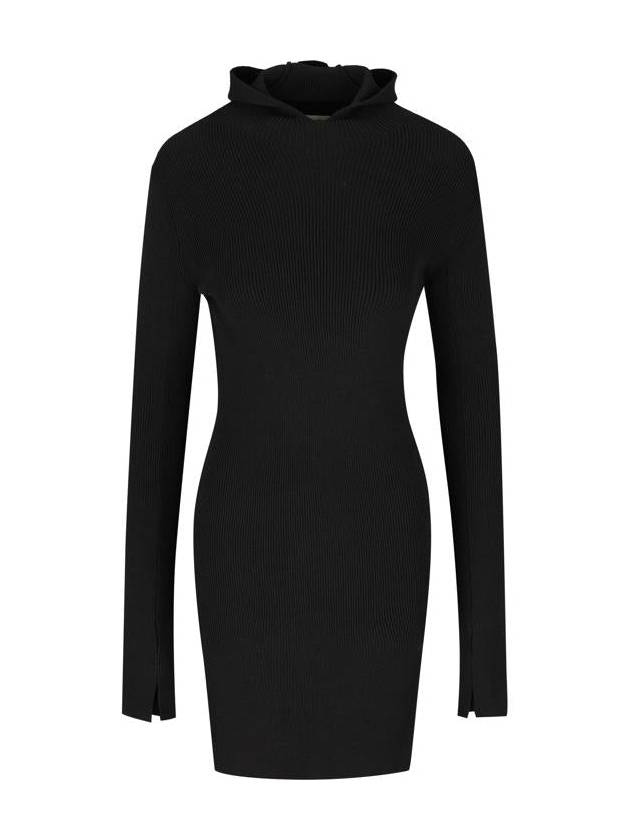 Fendi Long Sleeve Hooded Wool Silk Short Dress Black