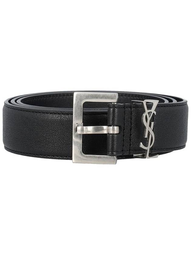 Saint Laurent Silver Hardware Monogram Buckle Leather Belt Black