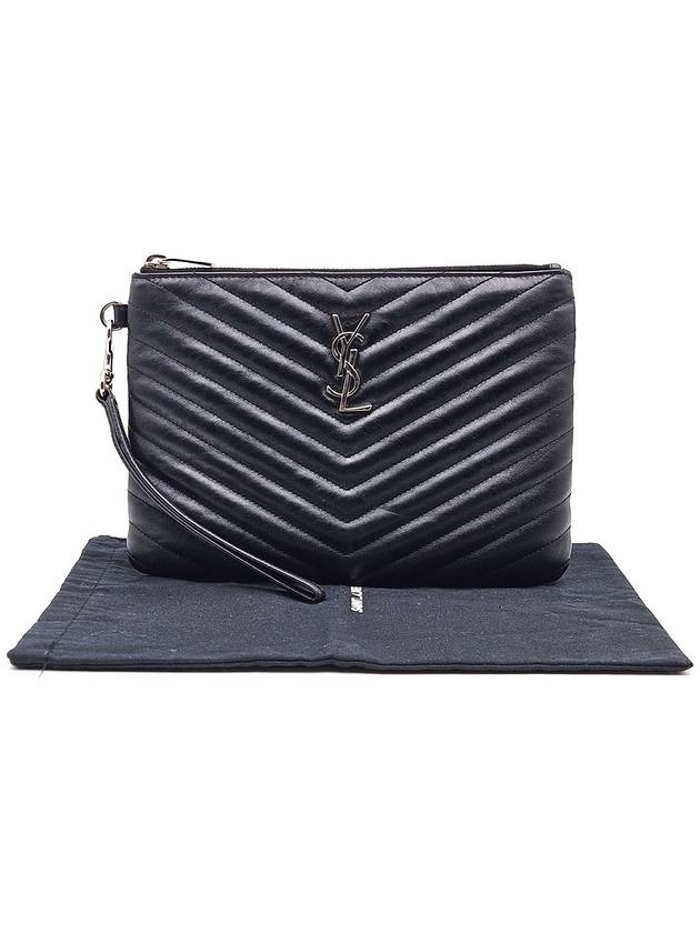 Saint Laurent Saint Laurent 379039 Black Matelasse Silver Monogram Strap Pouch Clutch Bag