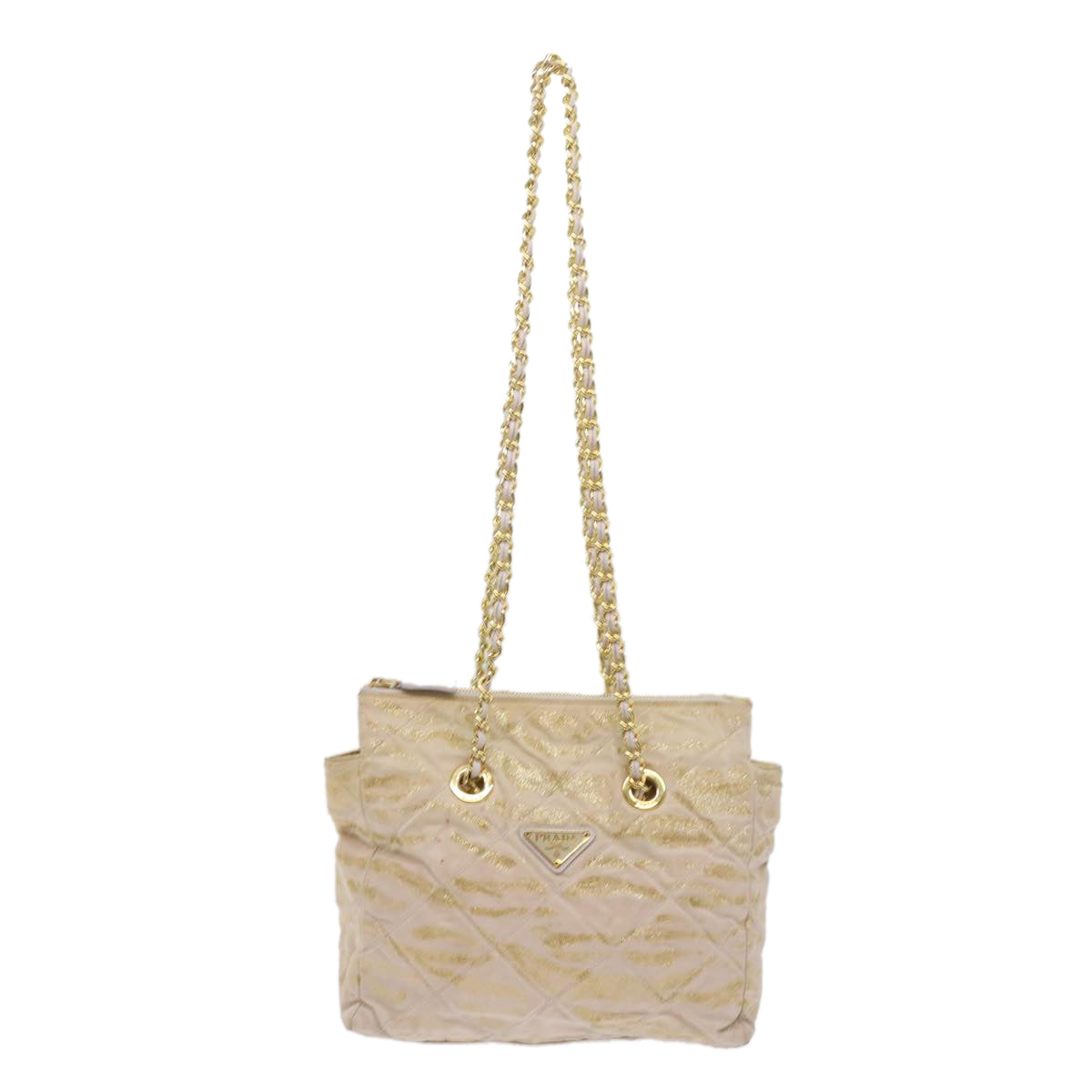 PRADA Quilted Chain Shoulder Bag Nylon Beige Gold bs11645