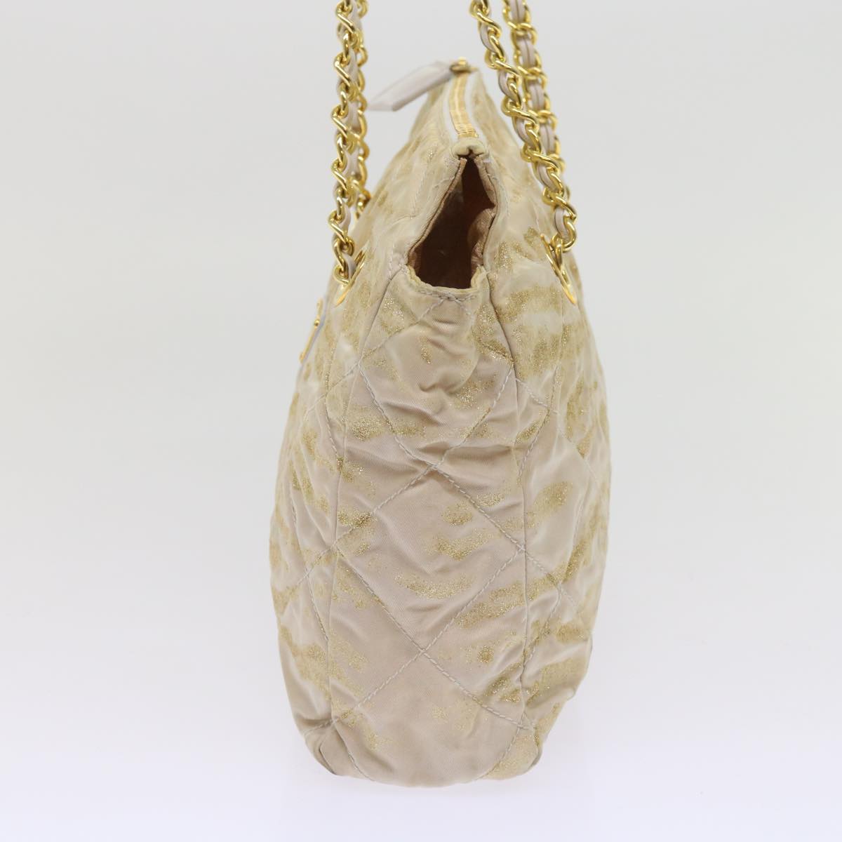 PRADA Quilted Chain Shoulder Bag Nylon Beige Gold bs11645