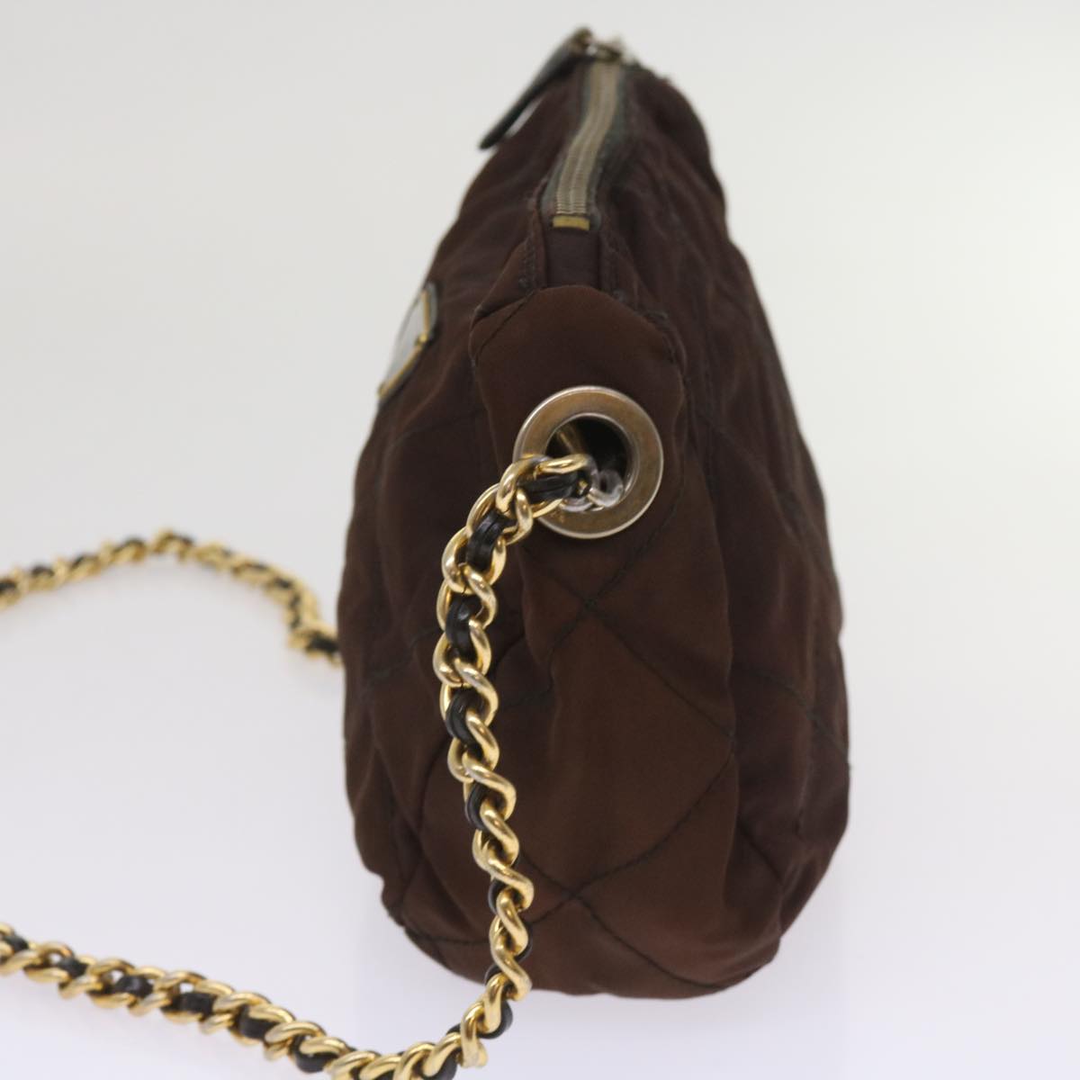 PRADA Quilted Chain Shoulder Bag Nylon Brown bs11646