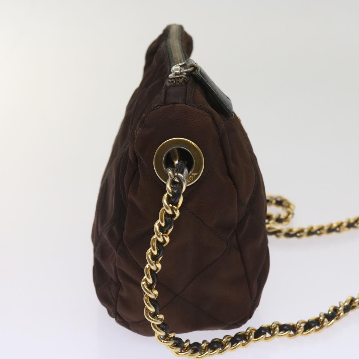 PRADA Quilted Chain Shoulder Bag Nylon Brown bs11646