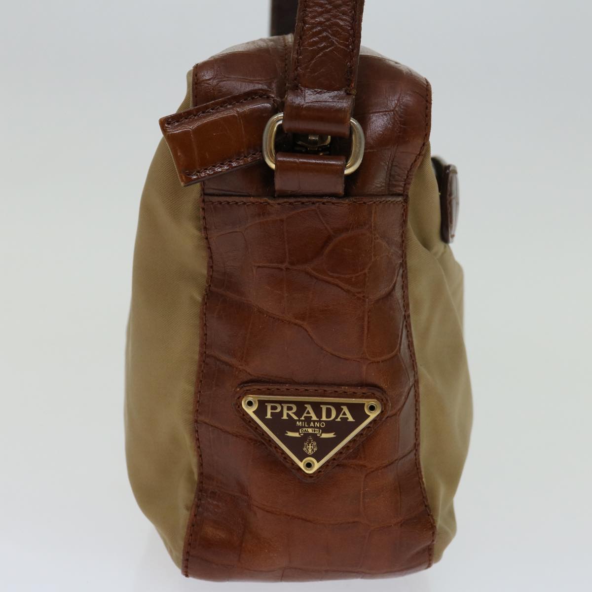 PRADA Hand Bag Nylon Leather Beige Brown bs12806