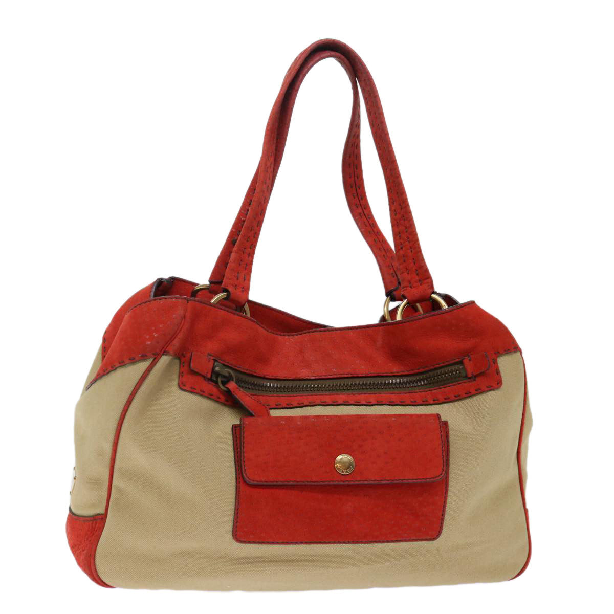 PRADA Hand Bag Canvas Beige Red bs13613