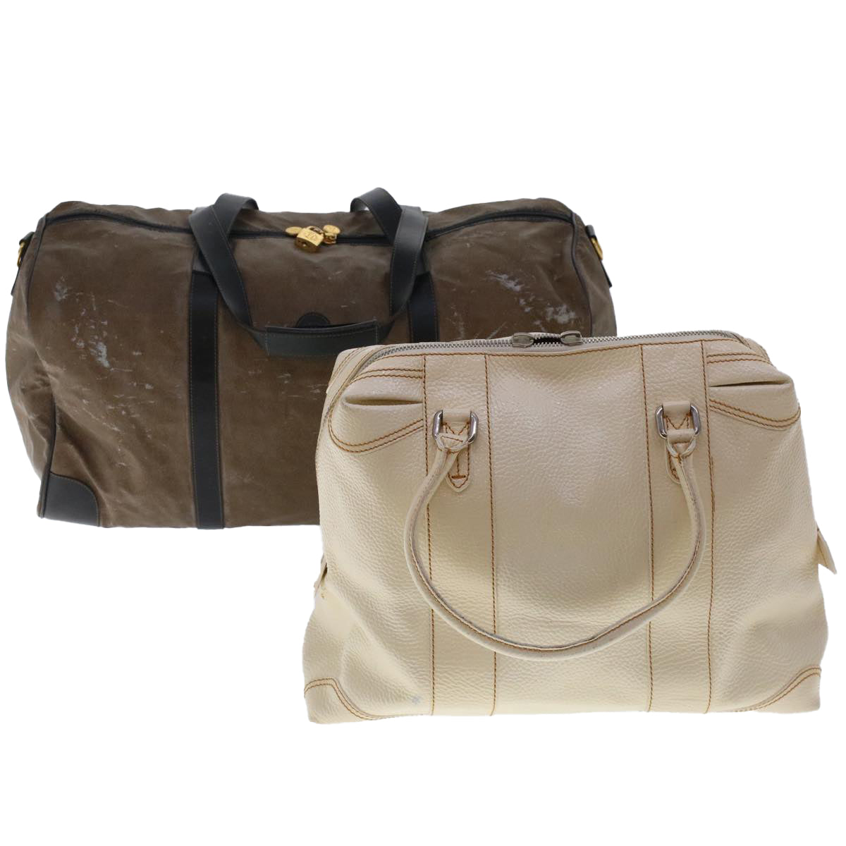 FENDI Hand Bag Boston Bag Leather 2Set Brown White bs6797