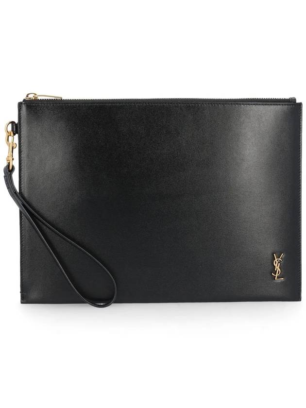 Saint Laurent Tiny Cassandre Shiny Leather Zip Tablet Clutch Bag Black