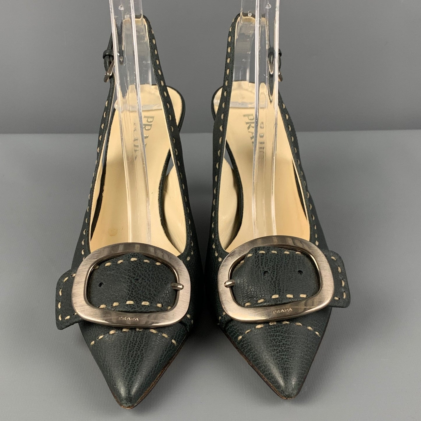 PRADA Size 7 Navy Leather Buckle Slingback Pumps