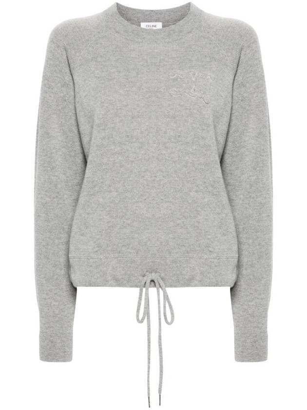 CELINE Triomphe Patch Crew Neck Wool Cashmere Knit Top Grey