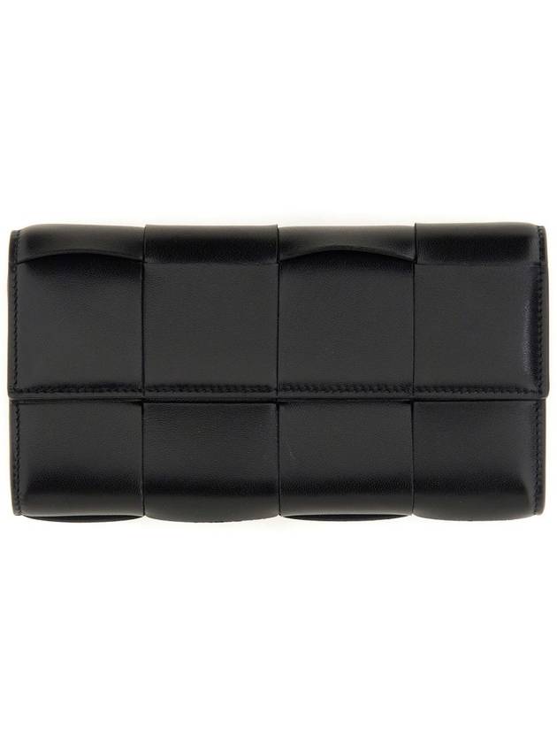 Bottega Veneta Cassette Flap Leather Long Wallet Black