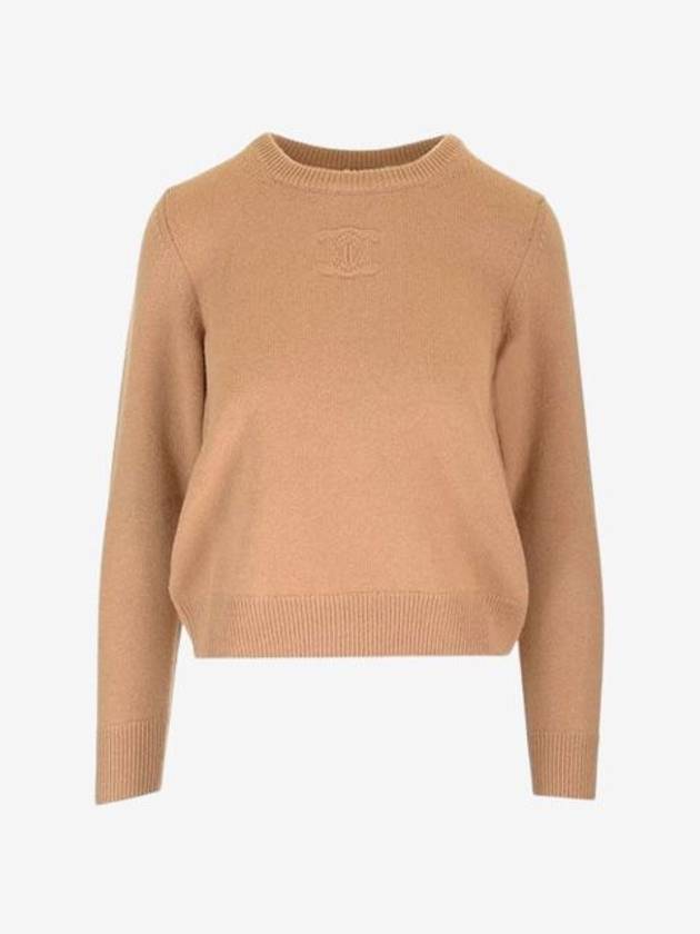 CELINE Triomphe Jacquard Crew Neck Heritage Cashmere Knit Top Camel