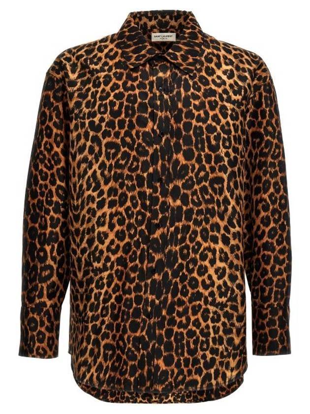 Saint Laurent Leopard Oversized Long Sleeve Shirt Brown