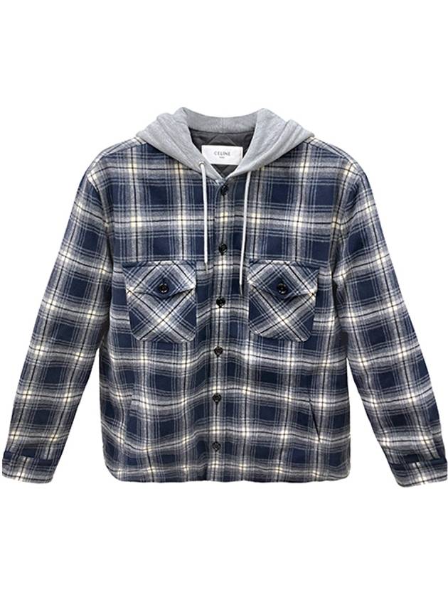 CELINE Check Cotton Hooded Oversized Shirt Jacket Navy
