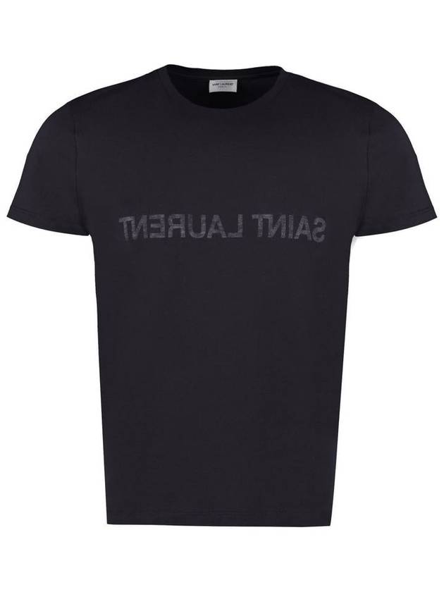 Saint Laurent Reverse Logo Print Cotton Short Sleeve T-Shirt Navy