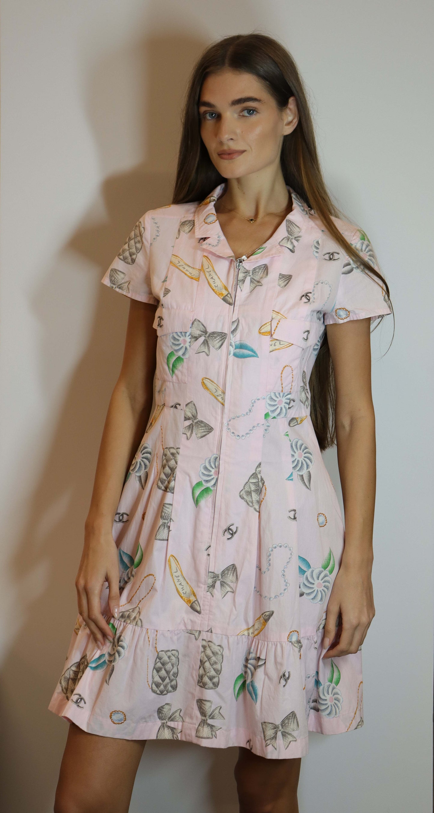 Chanel 96p Logo Short Sleeve Dress Cotton Pink DXBS1992