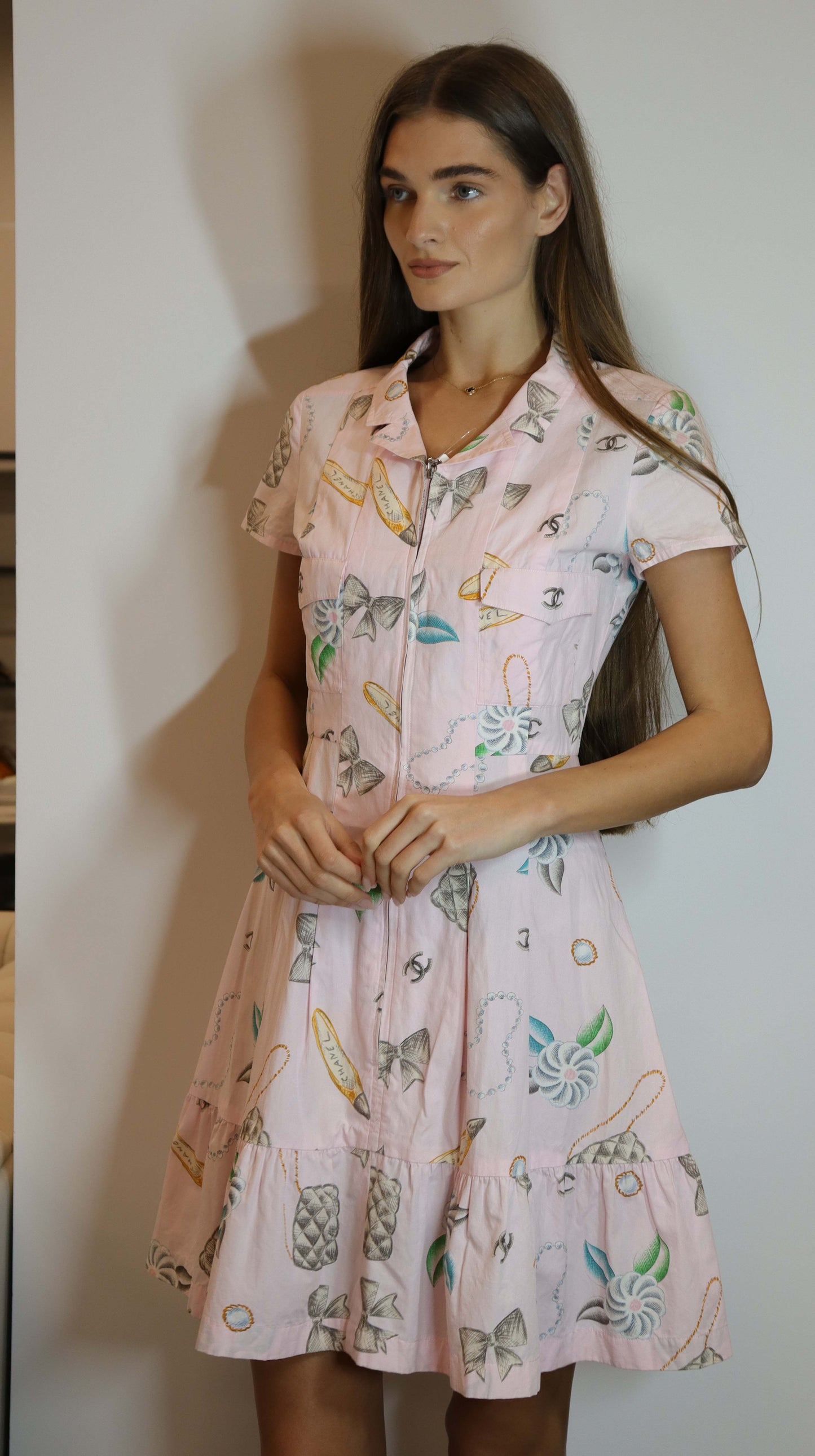 Chanel 96p Logo Short Sleeve Dress Cotton Pink DXBS1992