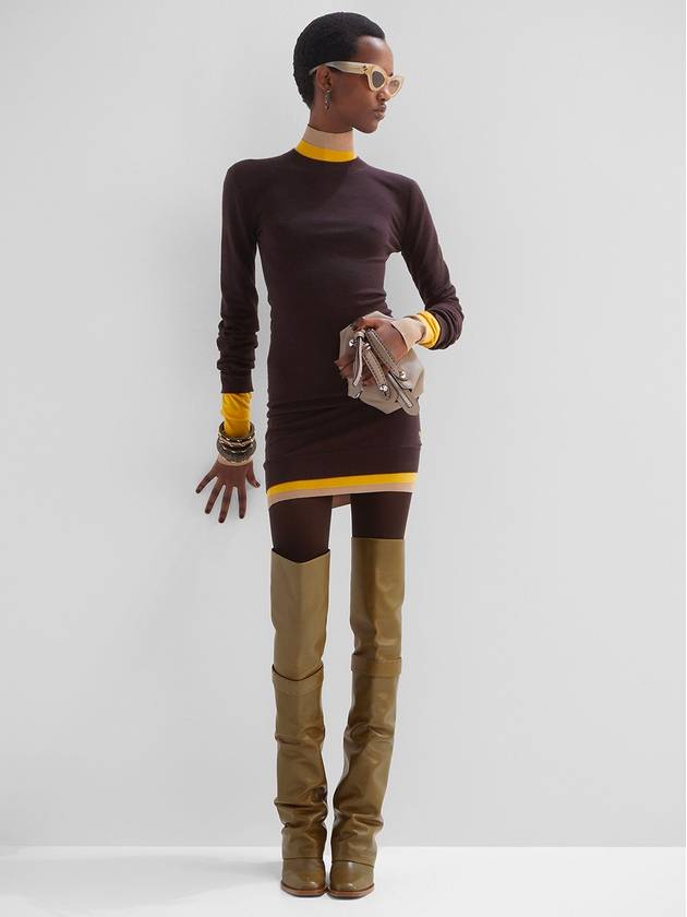 Fendi High Neck Wool Short Dress Dark Purple