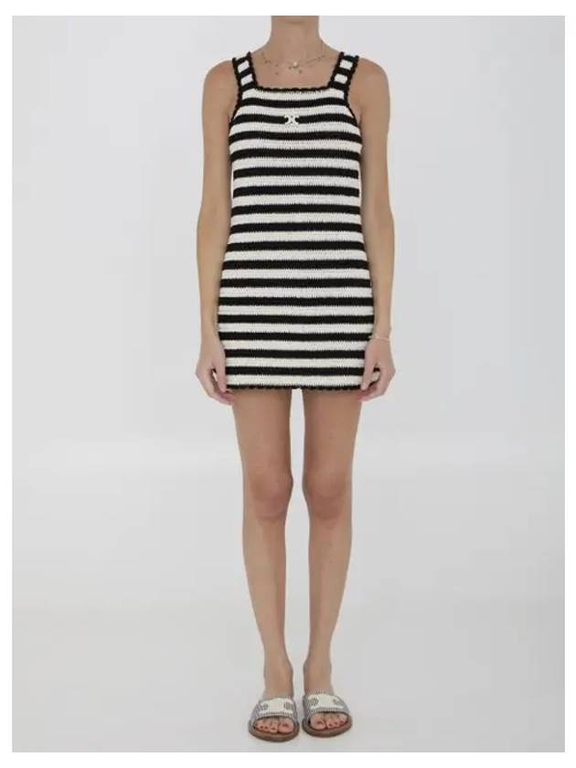CELINE Triomphe Striped Crochet Short Dress Ecru Black