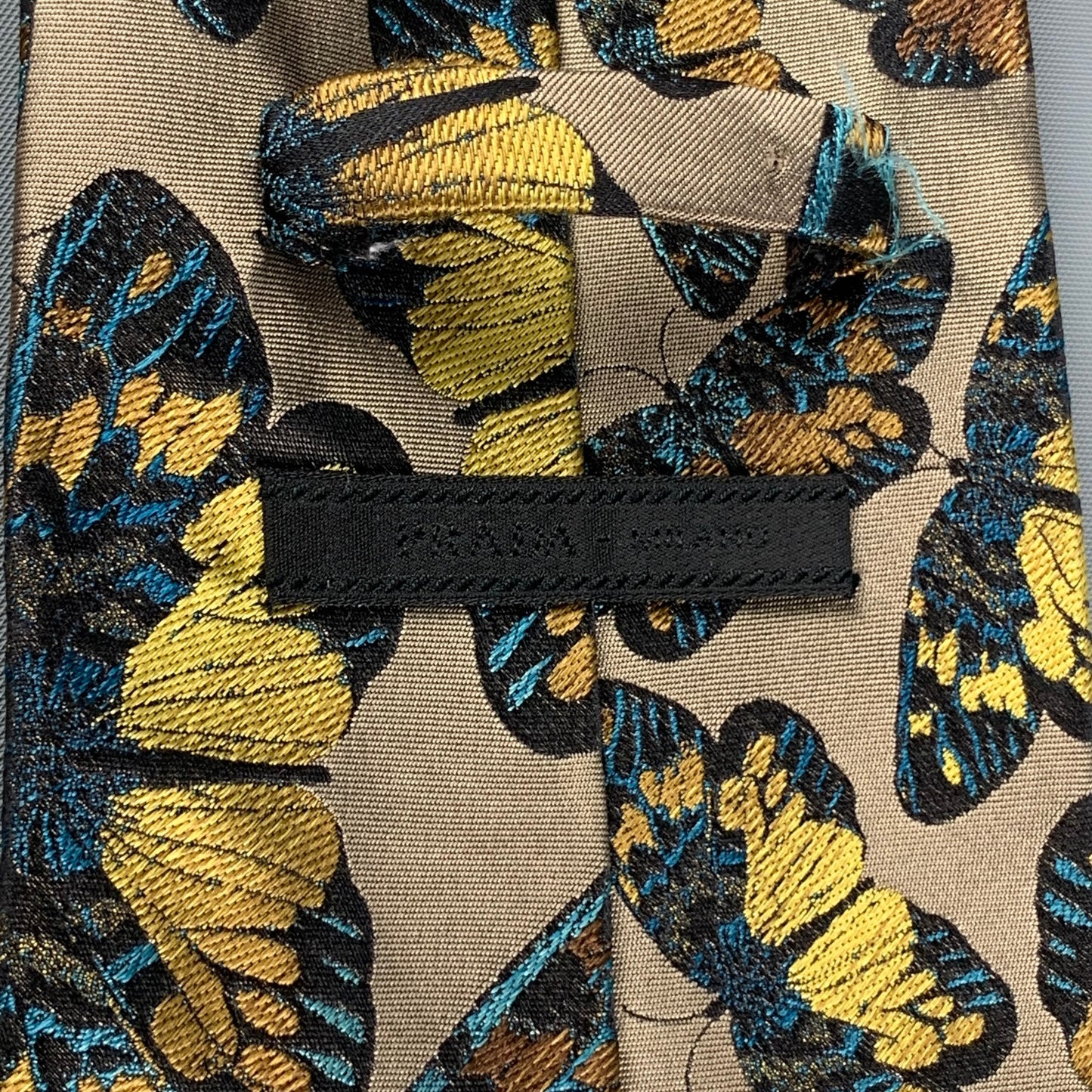 PRADA Taupe Gold Butterfly Silk Tie