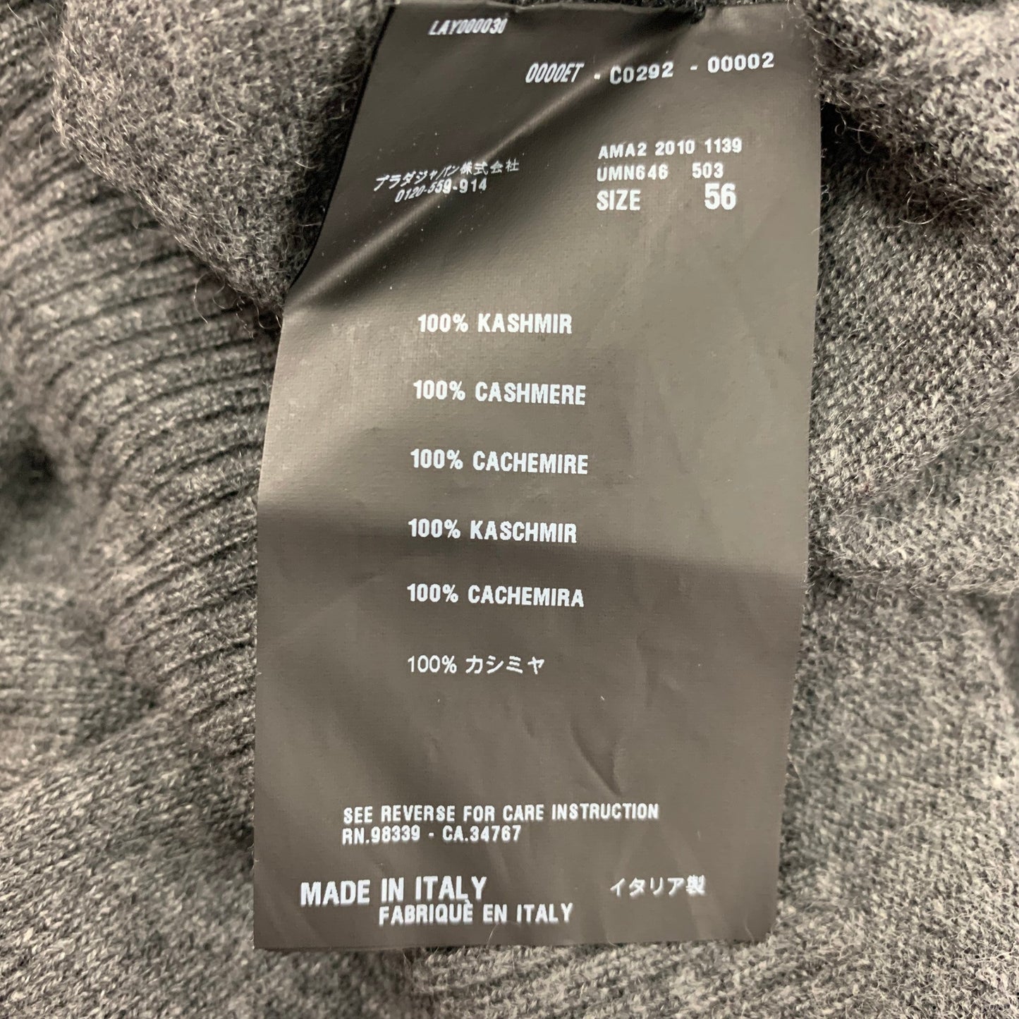 PRADA Size XL Grey Cashmere V-Neck Pullover