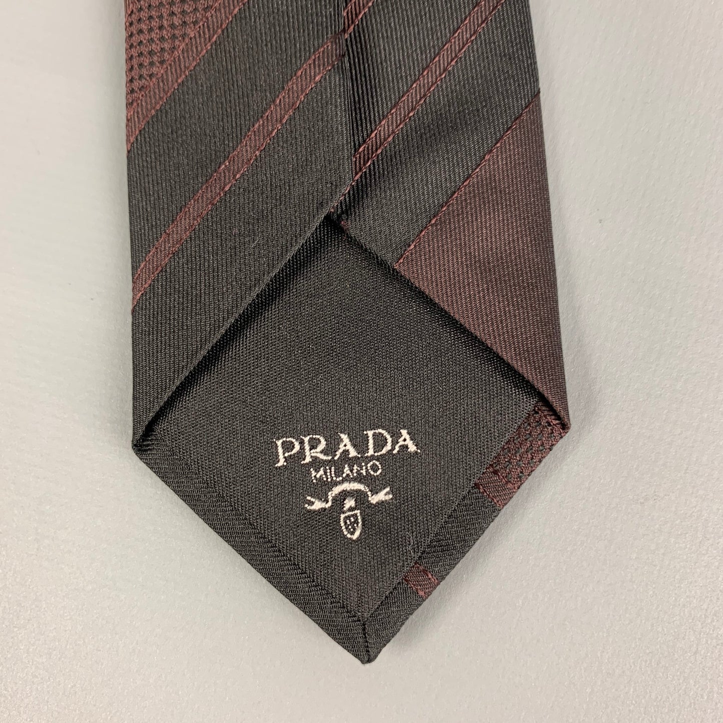 PRADA Brown Black Diagonal Stripe Silk Tie