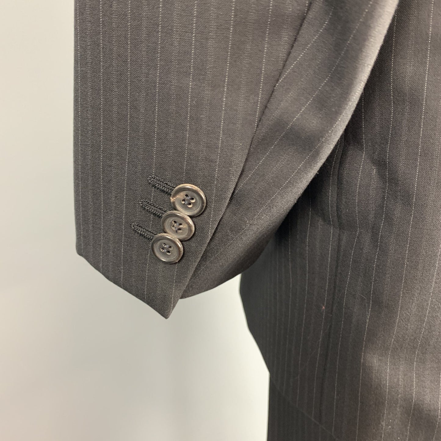 PRADA Size 48 Long Black Stripe Wool Notch Lapel Suit