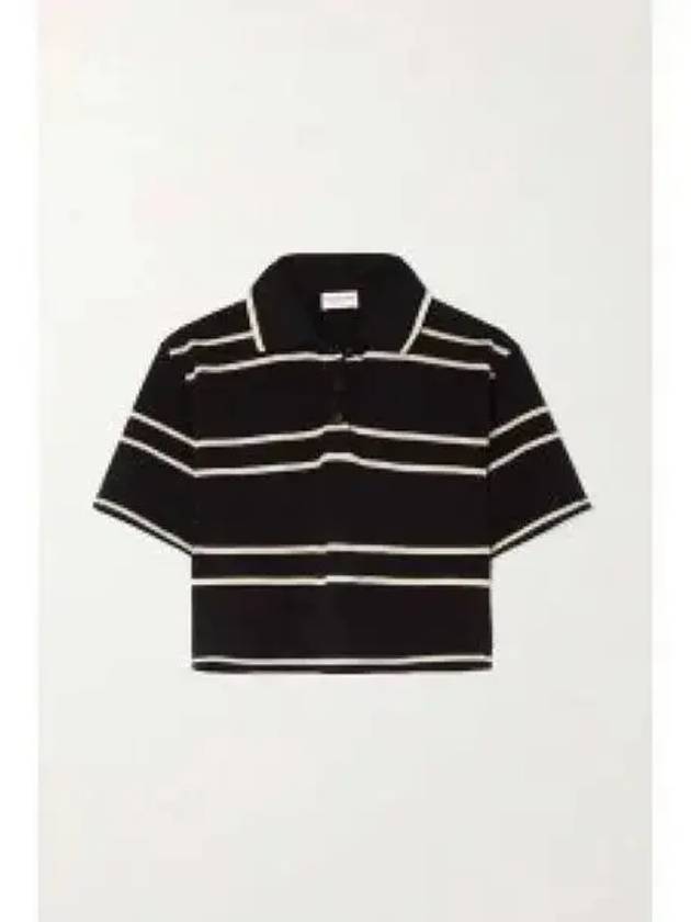 Saint Laurent Cassandre Stripe Cotton Crop Polo Shirt Black