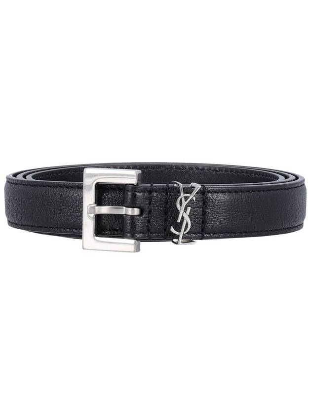 Saint Laurent Men's Monogram Silver Buckle Leather Belt Black