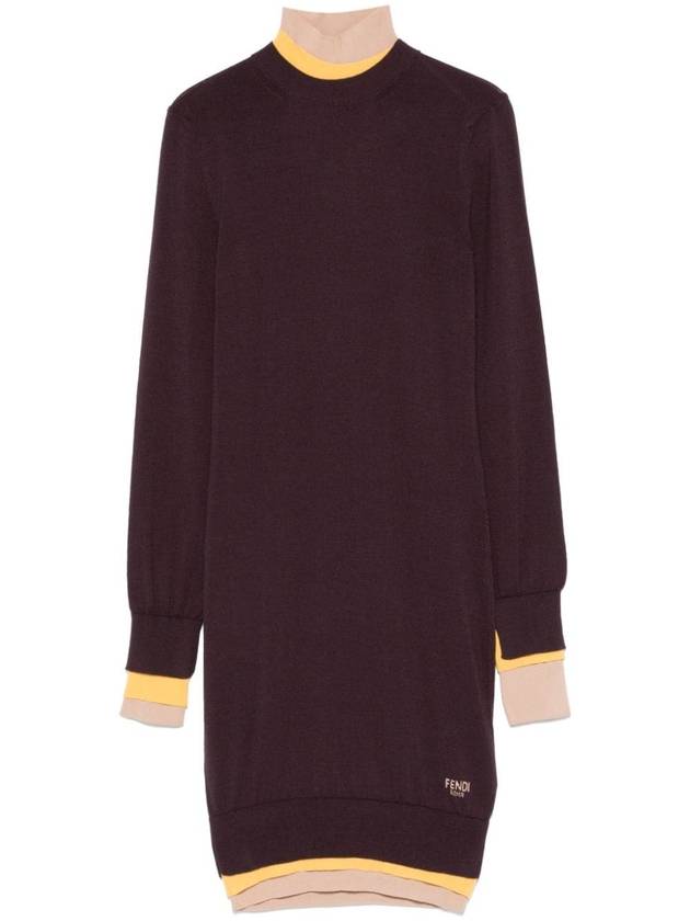 Fendi High Neck Wool Short Dress Dark Purple
