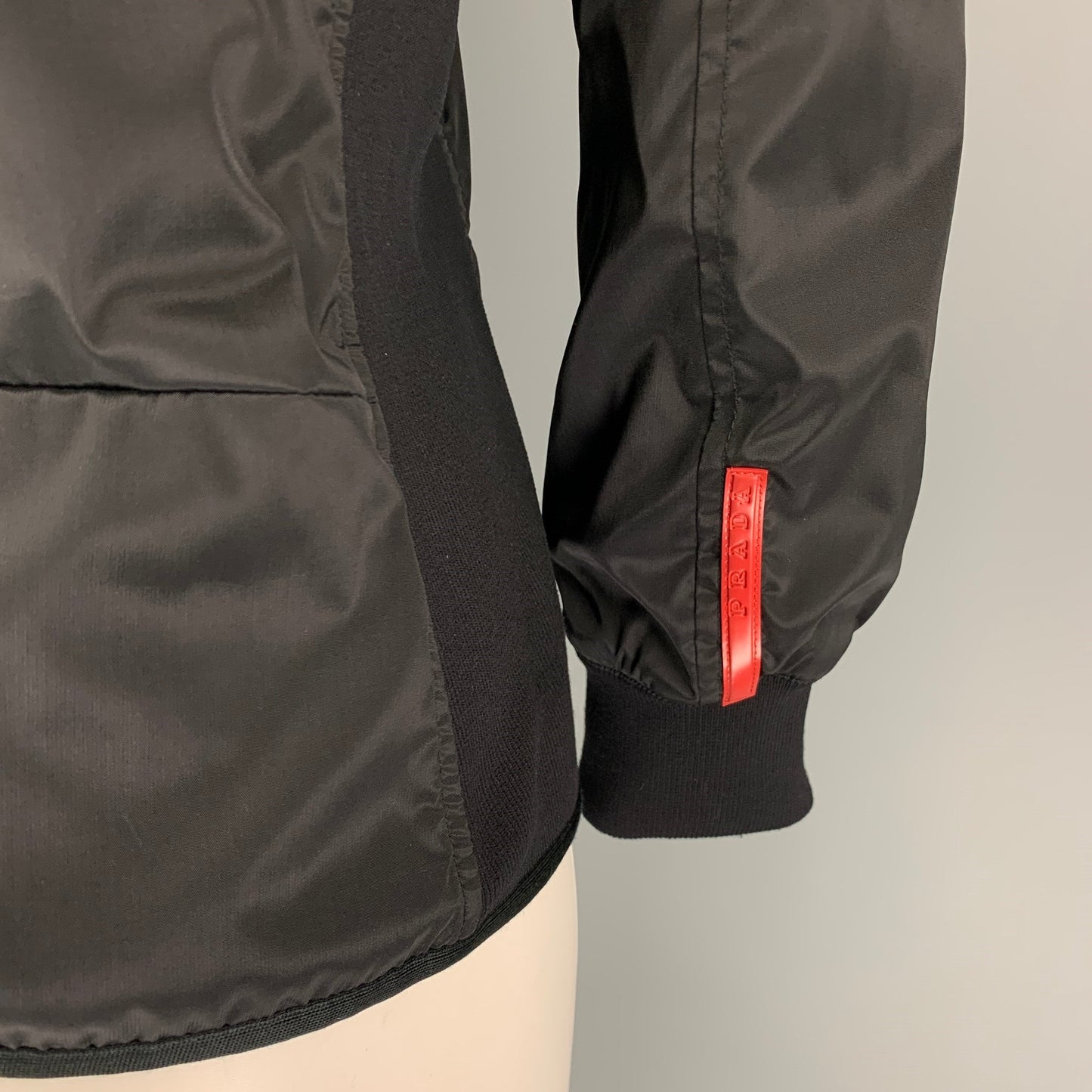 PRADA Size L Black Mixed Fabricd Zip Up Reversible Jacket