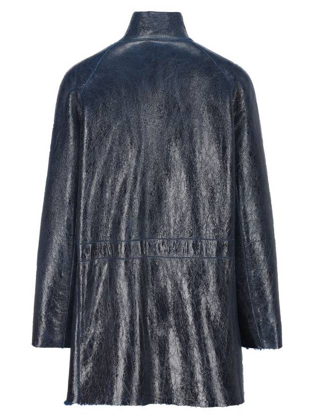 Fendi High Neck Leather Jacket Dark Blue