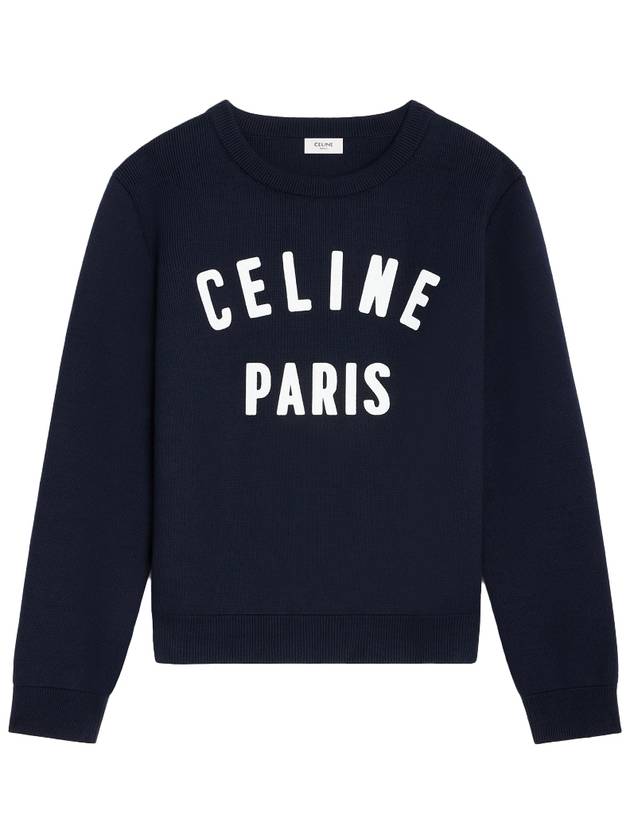 CELINE Logo Print Crew Neck Cotton Knit Top Navy