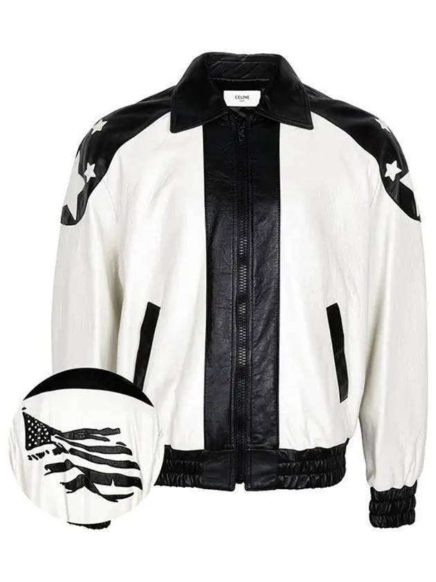 CELINE Loose Flag Teddy Lambskin Bomber Jacket Black White