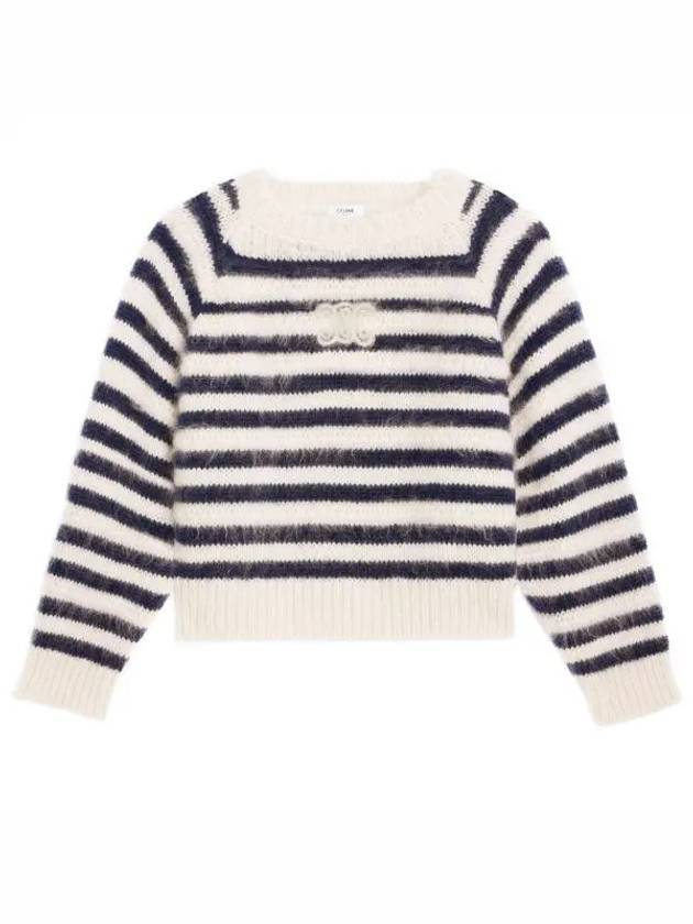 CELINE Crew Neck Marinière Mohair Knit Top Off White Navy