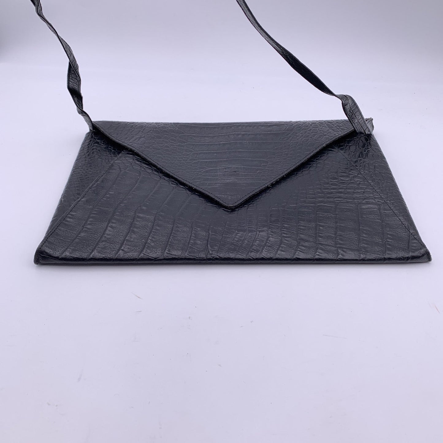FENDI Vintage Black Embossed Portfolio Envelope Clutch Bag With Strap
