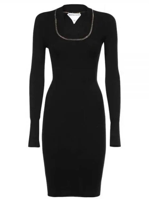 Bottega Veneta Gold Chain Detail Cashmere Long Sleeve Midi Dress Black