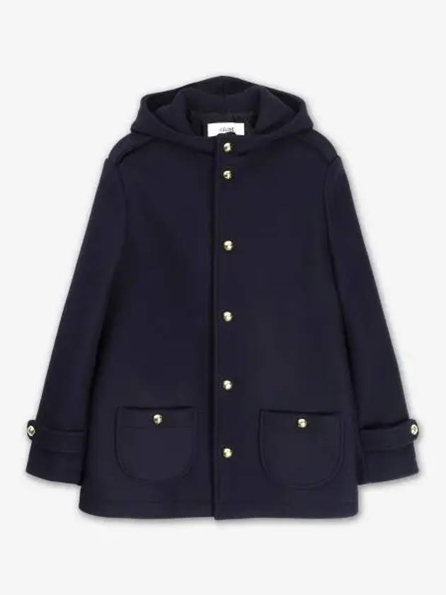 CELINE Triomphe Hooded Wool Single Coat Navy