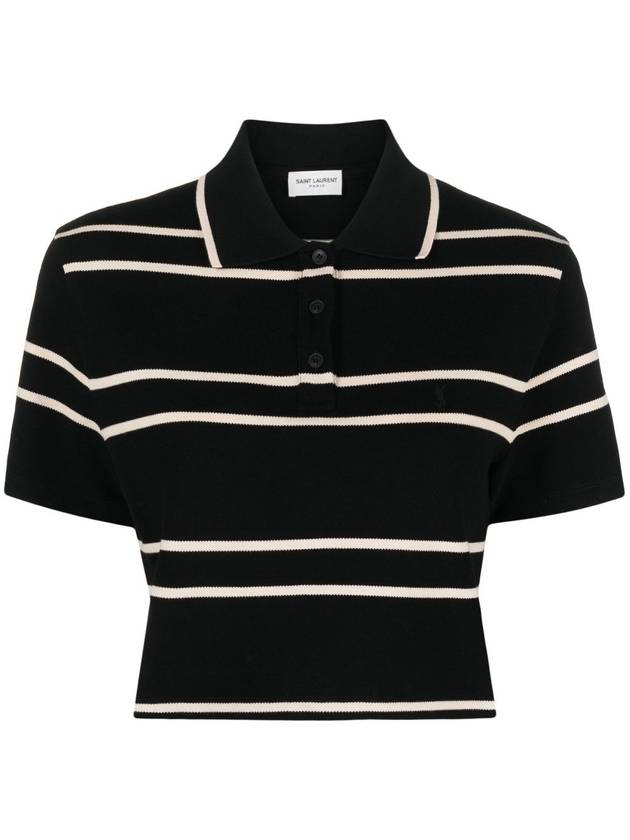 Saint Laurent Cassandre Stripe Cotton Crop Polo Shirt Black
