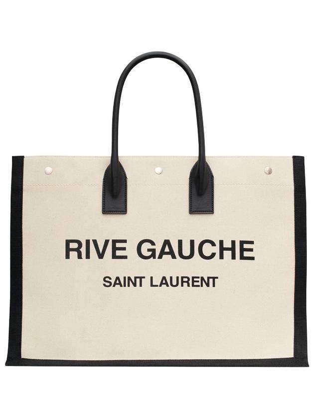 Saint Laurent Rive Gauche Canvas Smooth Leather Large Tote Bag Black