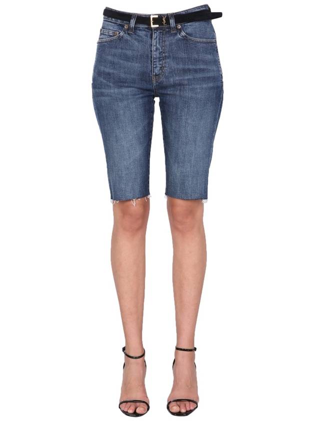 Saint Laurent Women's Knee Length Denim Cotton Shorts Blue