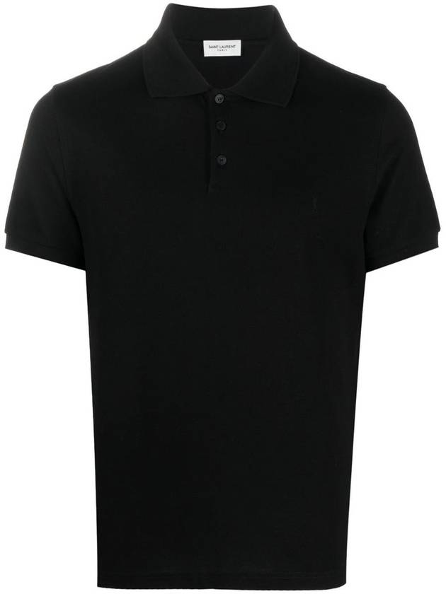 Saint Laurent Men's Monogram Cotton Short Sleeve Polo Shirt Black