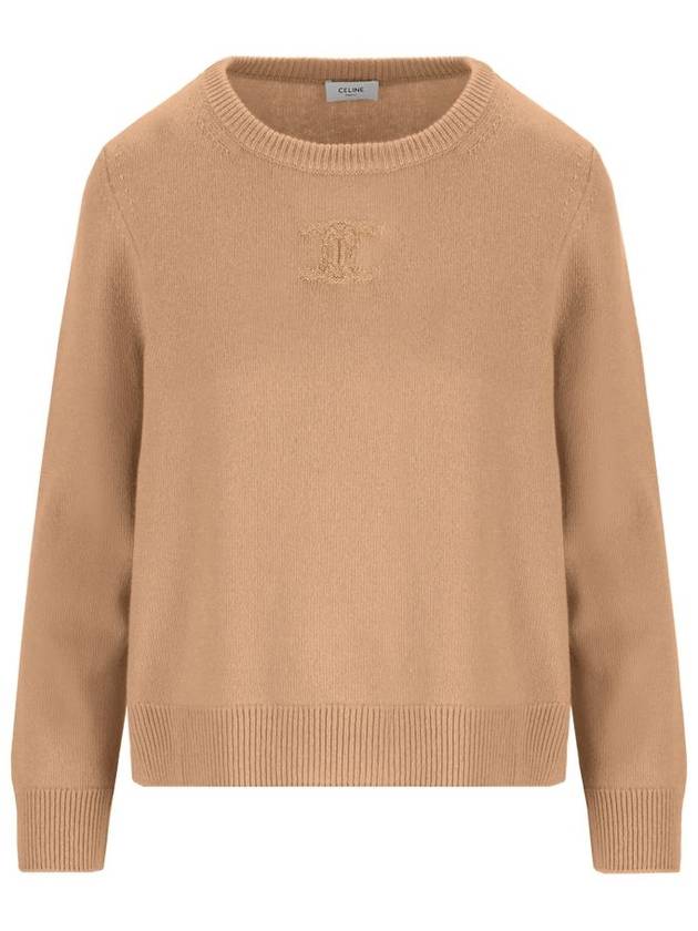 CELINE Triomphe Jacquard Crew Neck Heritage Cashmere Knit Top Camel