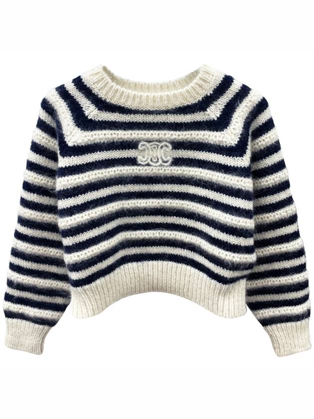CELINE Crew Neck Marinière Mohair Knit Top Off White Navy