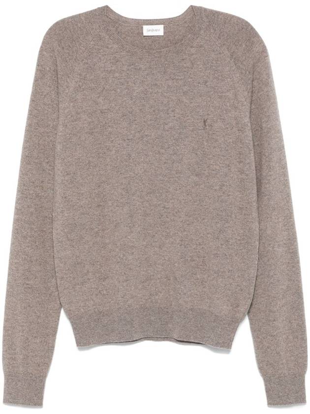 Saint Laurent Cassandre crew neck long sleeve knit top beige