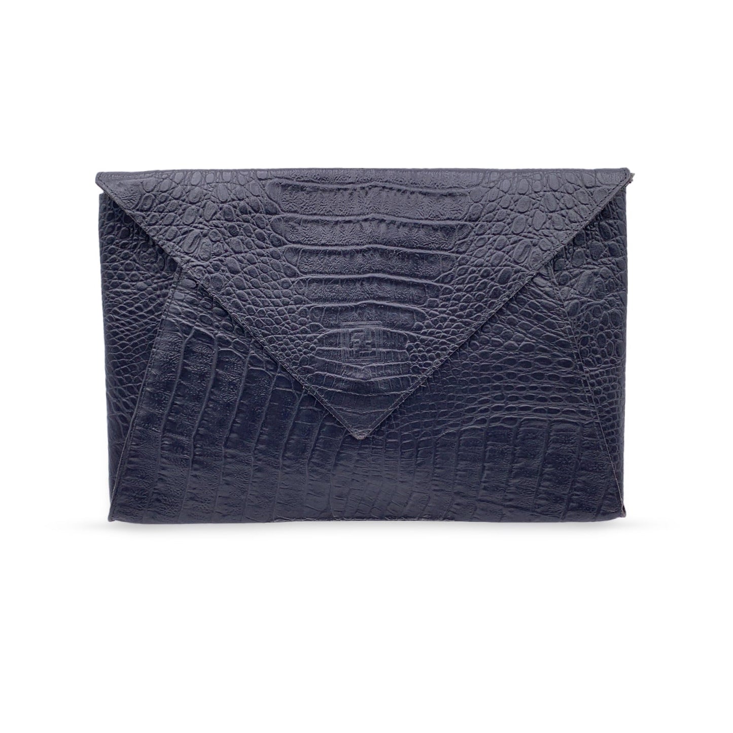 FENDI Vintage Black Embossed Portfolio Envelope Clutch Bag With Strap