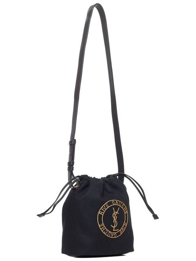 Saint Laurent Embroidered Felt Smooth Leather Rib Gauche Lace Bucket Bag Black