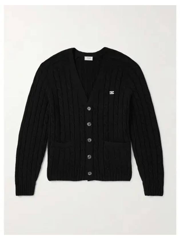 CELINE Triomphe Embroidered Cable Knit Cashmere Cardigan Black