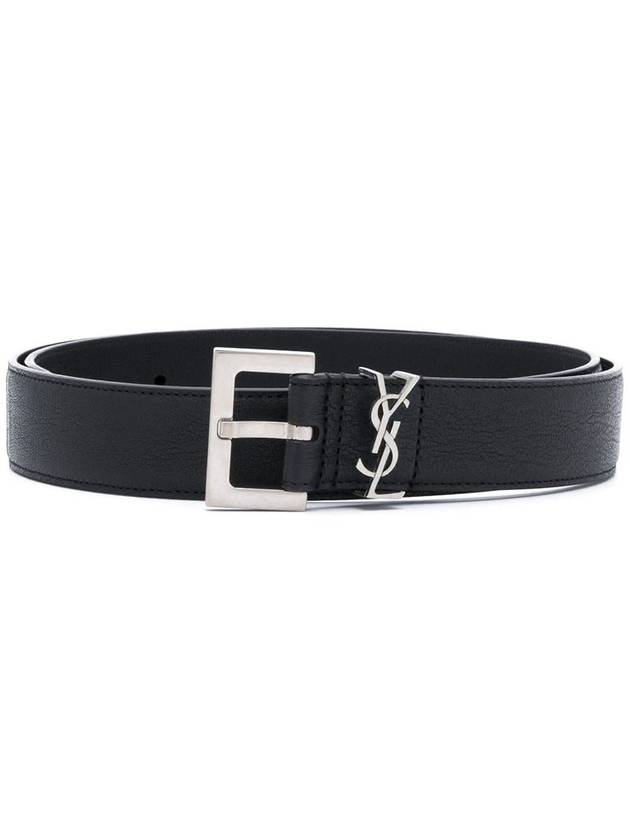 Saint Laurent Silver Hardware Monogram Buckle Leather Belt Black