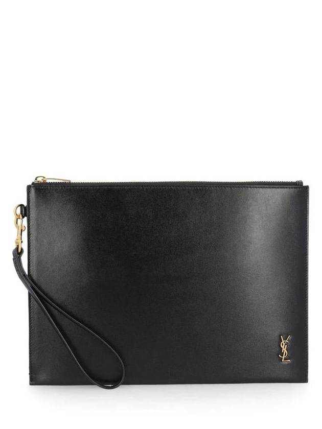 Saint Laurent Tiny Cassandre Shiny Leather Zip Tablet Clutch Bag Black