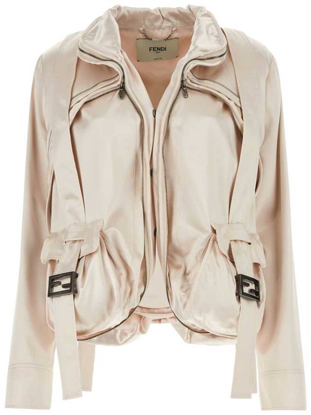 Fendi FF Baguette Pocket Satin Zip-Up Jacket Beige